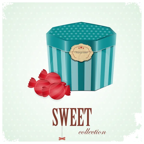 Cartolina vintage - scatola e caramelle dolci su sfondo blu — Vettoriale Stock