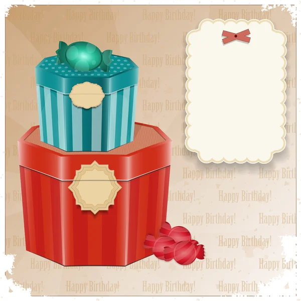 Vintage Birthday Card - gift box and blank note — Stock Vector
