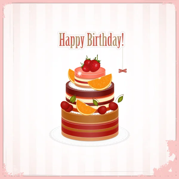 Cartão de aniversário vintage com bolo de chocolate —  Vetores de Stock