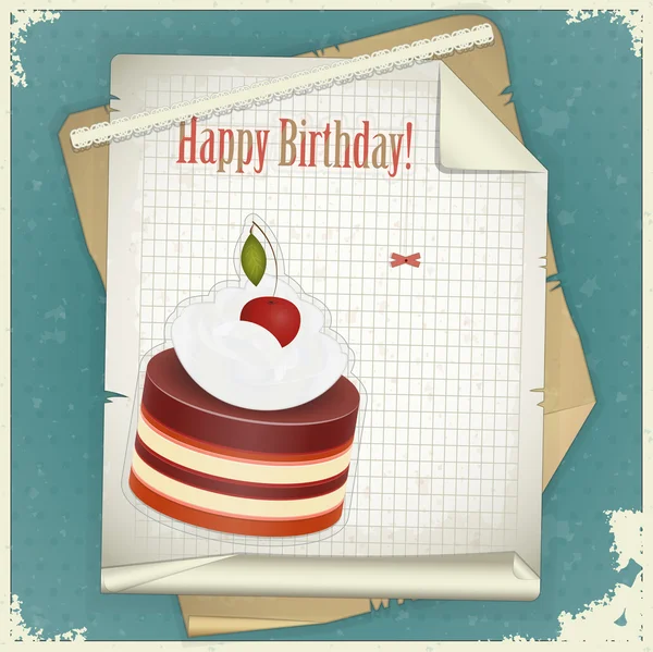Cartão de aniversário vintage com bolo de cereja de chocolate e papel velho —  Vetores de Stock
