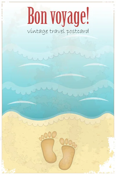 Vintage Travel Postcard - footprints in sand at the beach — Stock Vector