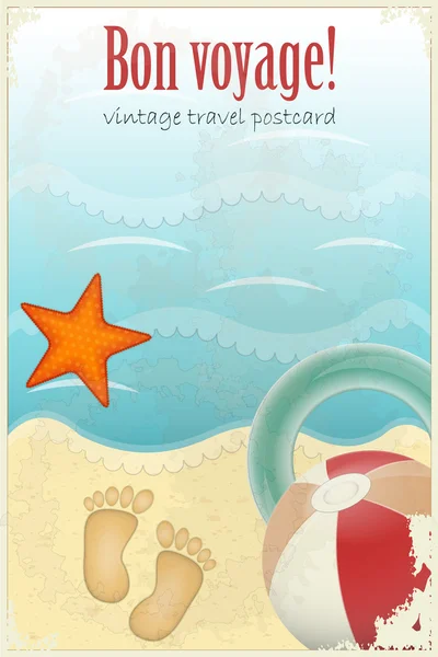 Vintage-Reisepostkarte - Fußabdrücke im Sand und Strandartikel — Stockvektor