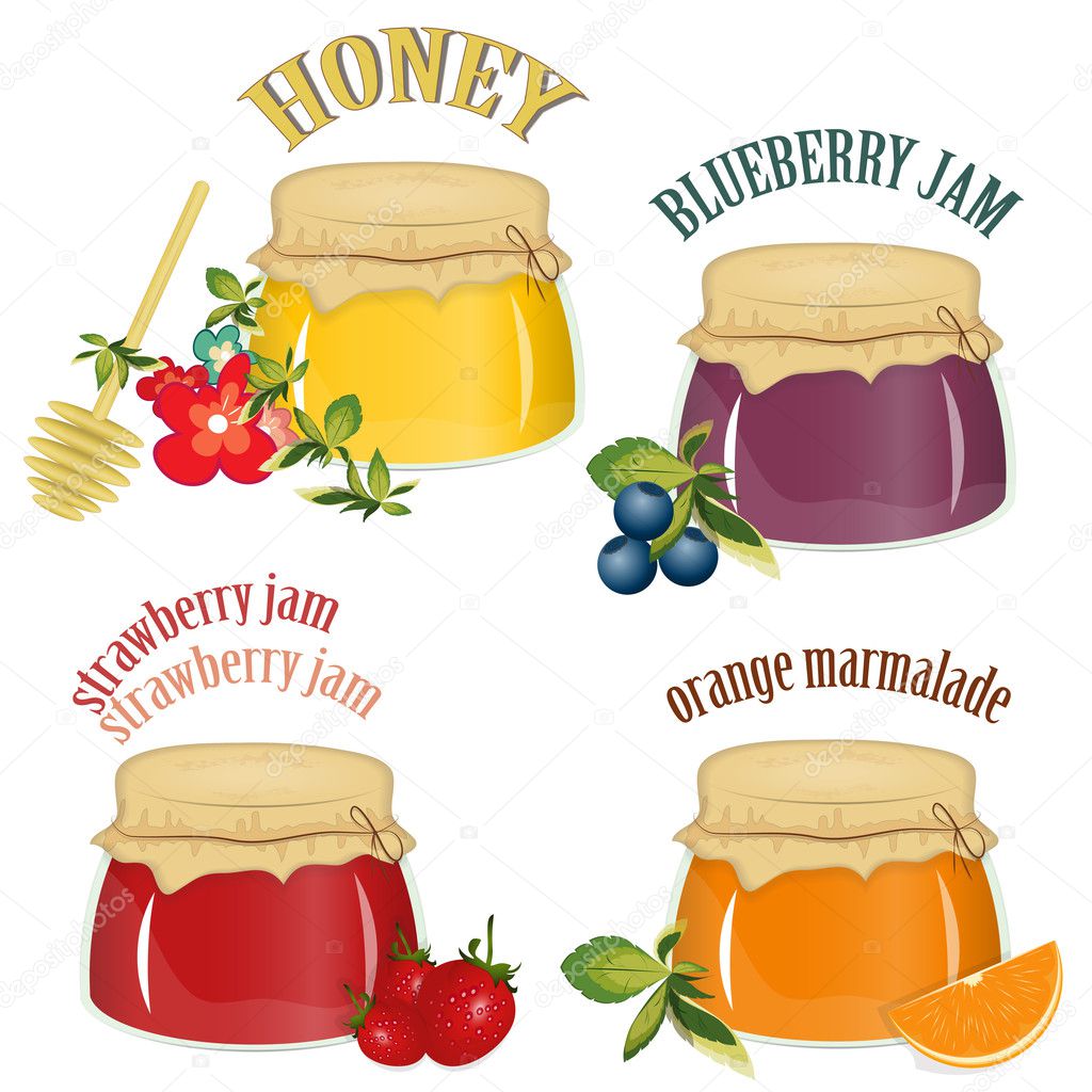 Jam and honey isolated on white background