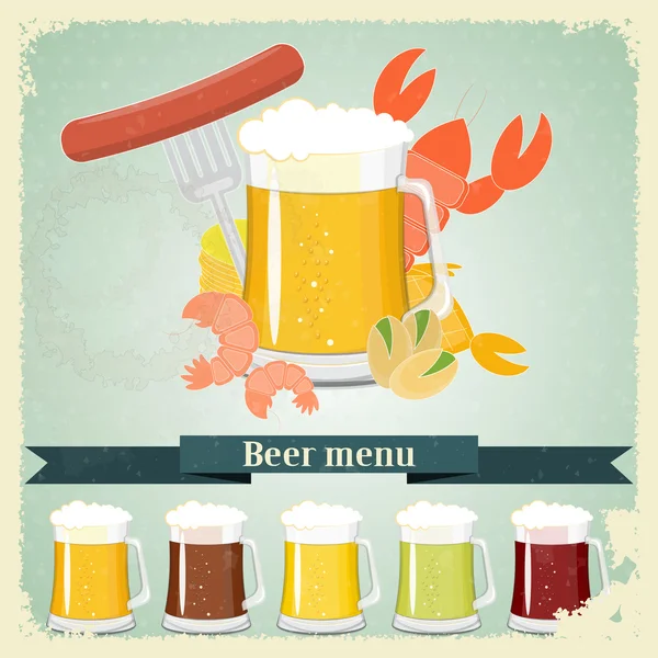 Vintage καρτ-ποστάλ, κάλυψη μενού - μπύρα, μπύρα σνακ — Διανυσματικό Αρχείο
