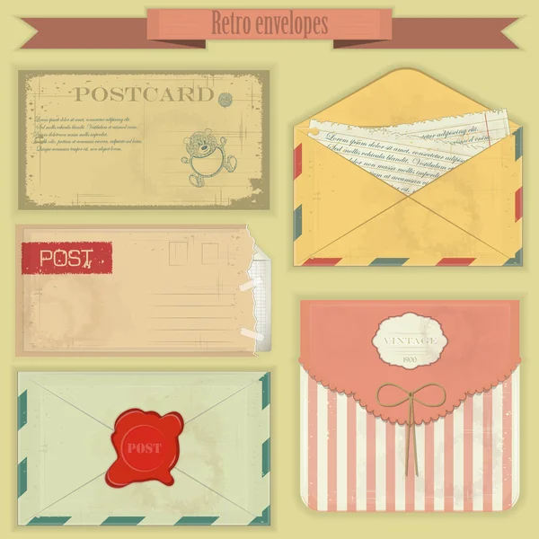 Conjunto de post vintage - envelopes retro e cartões postais — Vetor de Stock