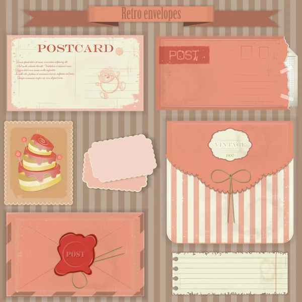 Conjunto de post vintage - envelopes retro e cartões postais —  Vetores de Stock