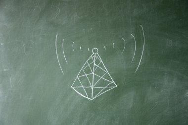 Telecom signal tower drawn with chalk on blackboard clipart