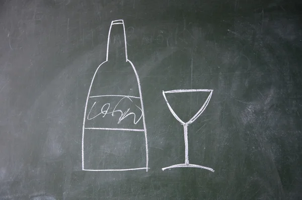 Wine and glass drawn with chalk on blackboard — Stock Photo, Image