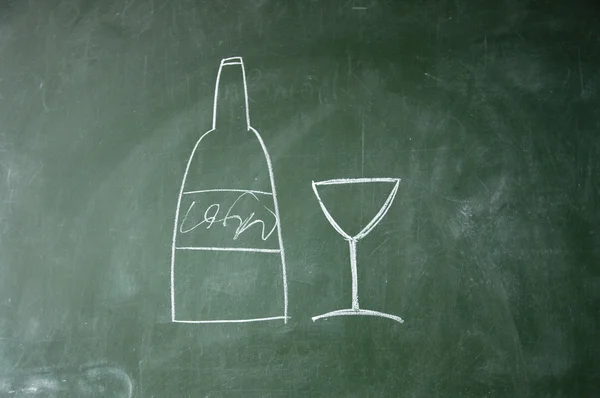 Wine and glass drawn with chalk on blackboard — Stock Photo, Image