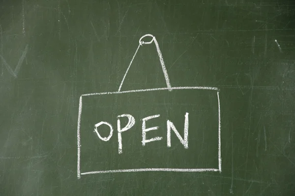 Open sign drawn with chalk on blackboard — Stock Photo, Image