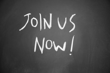 Join us now title written with chalk on blackboard clipart