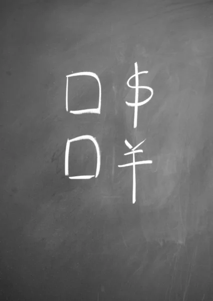 Выбор доллара или юаня написан мелом на доске — стоковое фото