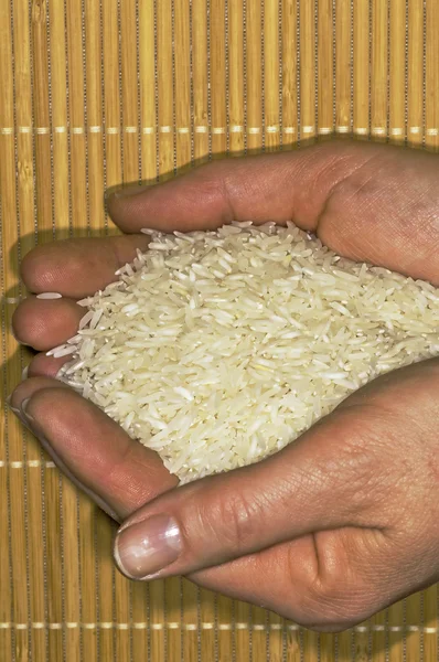 Рис в открытых руках — стоковое фото