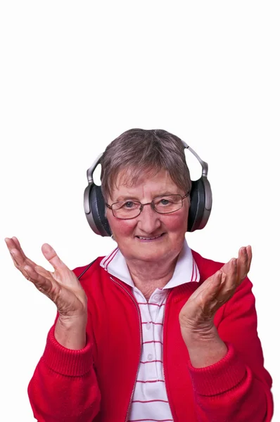 Pensioner with headphones — Stock Photo, Image