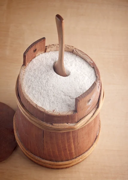 Flour in a small wooden barrel — Stock Photo, Image