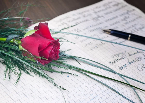 素敵な赤いバラとペン — ストック写真
