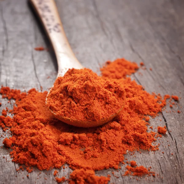 Red hot paprika powder on wooden spoon — Stock Photo, Image