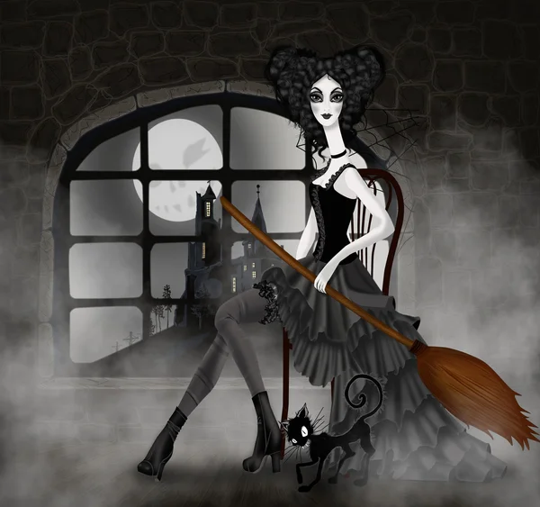 Ilustração bruxa com uma vassoura — Fotografia de Stock