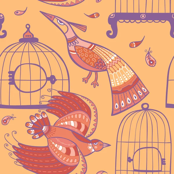 鸟和笼子里的无缝模式 — 图库矢量图片