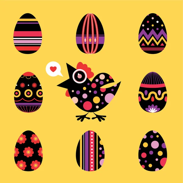 Carte poulet et œufs de Pâques - noir — Image vectorielle