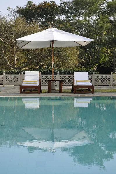 stock image Sunbeds by a swimming pool amidst greenery