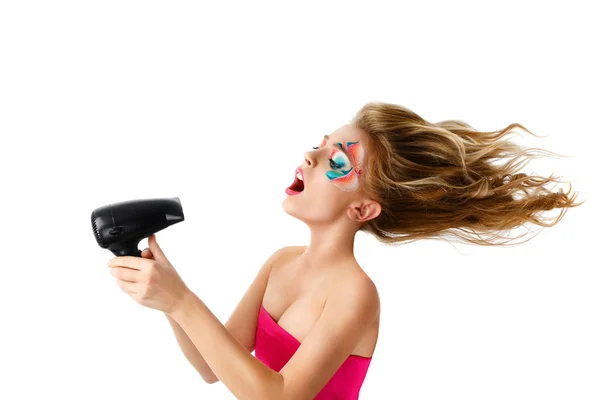 Mujer secando el cabello con ventilador —  Fotos de Stock