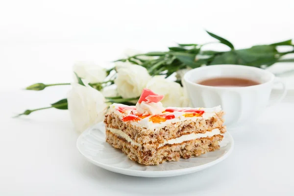 stock image Cake tea and flowers