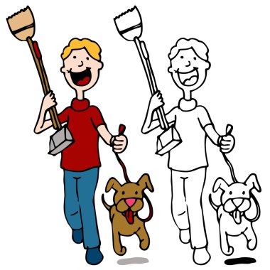 Man Walking Dog Holding Pooper Scooper clipart