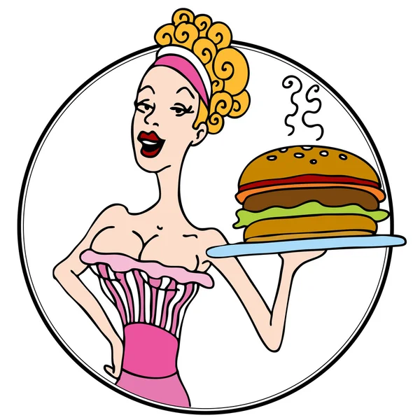 Oude ouderwetse diner serveerster serveren hamburger — Stockvector