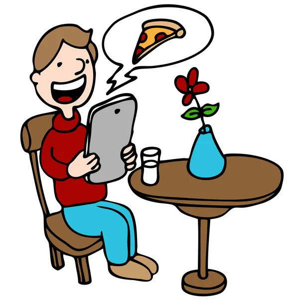 Muž s jeho digitálním zařízením v restauraci si objednat pizzu — Stockový vektor