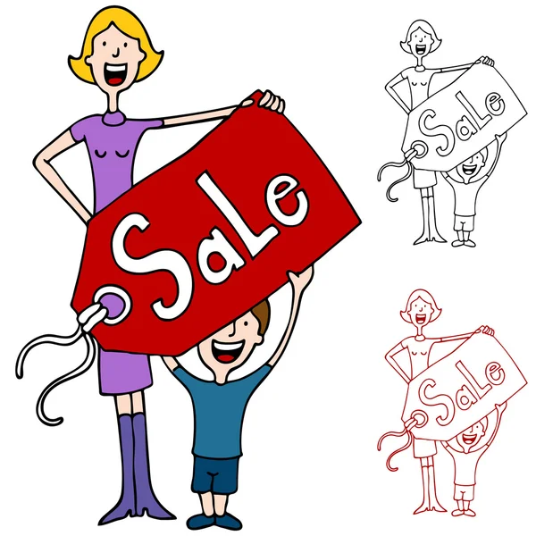 Mother and Son Holding Sale Pricetag Sign — Stock Vector