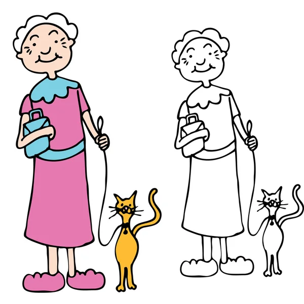年配の女性リーシュで歩く猫 — ストックベクタ