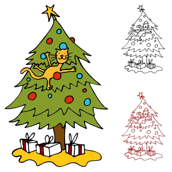 猫クライミング クリスマス ツリー — ストックベクタ