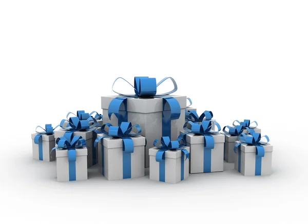 Gruppe von Geschenkboxen mit blauem Band — Stockfoto