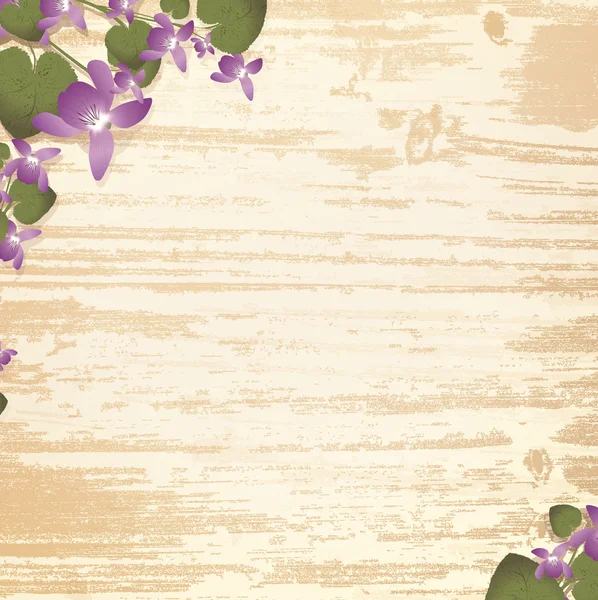 Houten achtergrond met violette bloemen — Stockvector