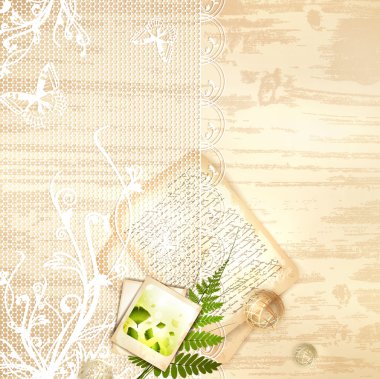 Wooden background with lace frame clipart