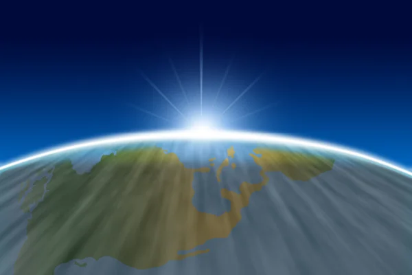 Sun rise okraji světa od simulace vesmíru. — Stock fotografie