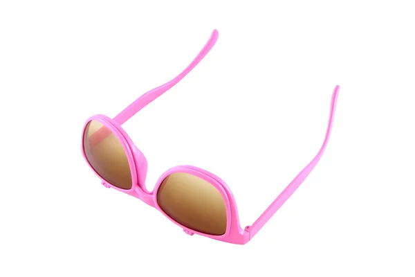 Alza gli occhiali da vista rosa con protezione solare su sfondo bianco . — Foto Stock