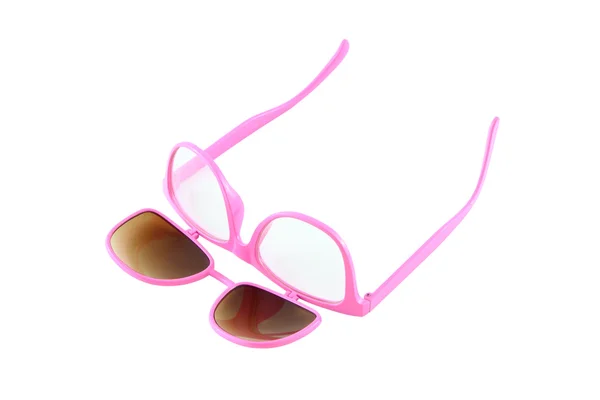 Objeví růžové brýle s otevřenou sluneční clonu na bílém pozadí. — Stock fotografie