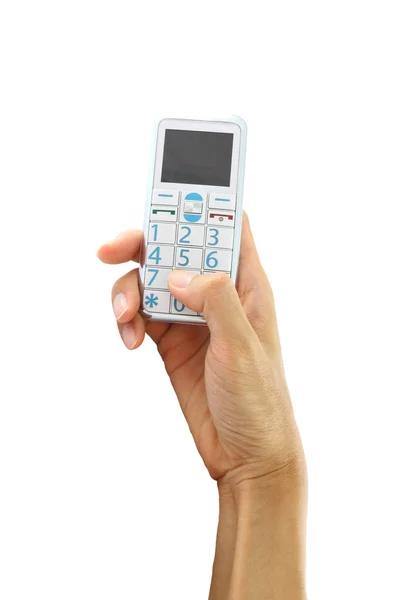 Hand gehouden druk op knop mobiele telefoon op witte achtergrond. — Stockfoto