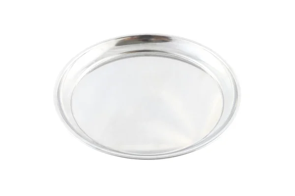 Płyta ze stali nierdzewnej jedzenie na białym tle okrągły. — Zdjęcie stockowe