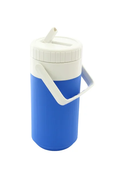 Small blue can plastic cooler and tube on white background. — Stock Photo, Image