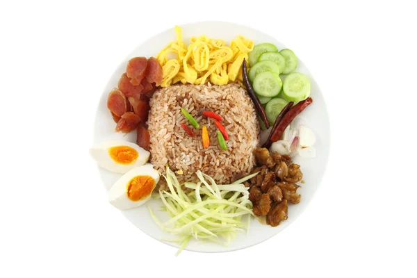 Direct op stoom rijst Meng garnalen plakken met zoete varkensvlees en ei. — Stockfoto