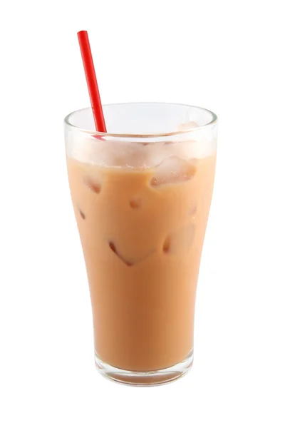 Ice milk tea with red straw Stock Photo