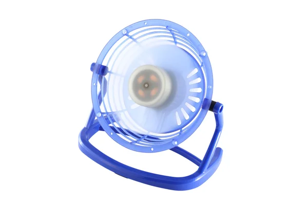 Blue plastic frame electric fan spinning — Stock Photo, Image