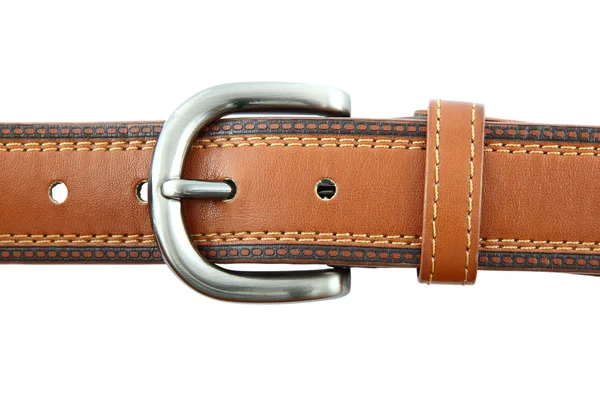 Stock image Metal head of long brown belt on white background.