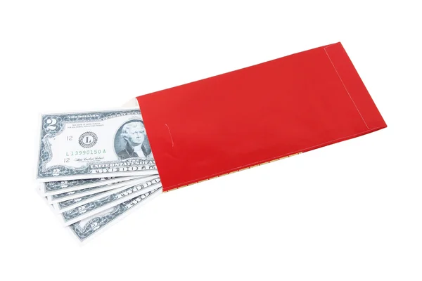 Amerykanka gotówki w czerwony koperta. — Zdjęcie stockowe