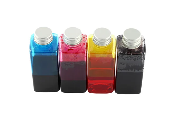 Barevné lahvičky s inkoustem pro inkoustové tiskárny. — Stock fotografie