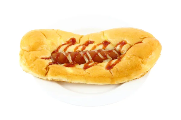 香肠沙拉奶油和番茄酱面包 — 图库照片