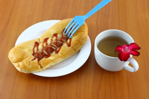 Sausage salad cream and ketchup on breaking time. — Stock Photo, Image